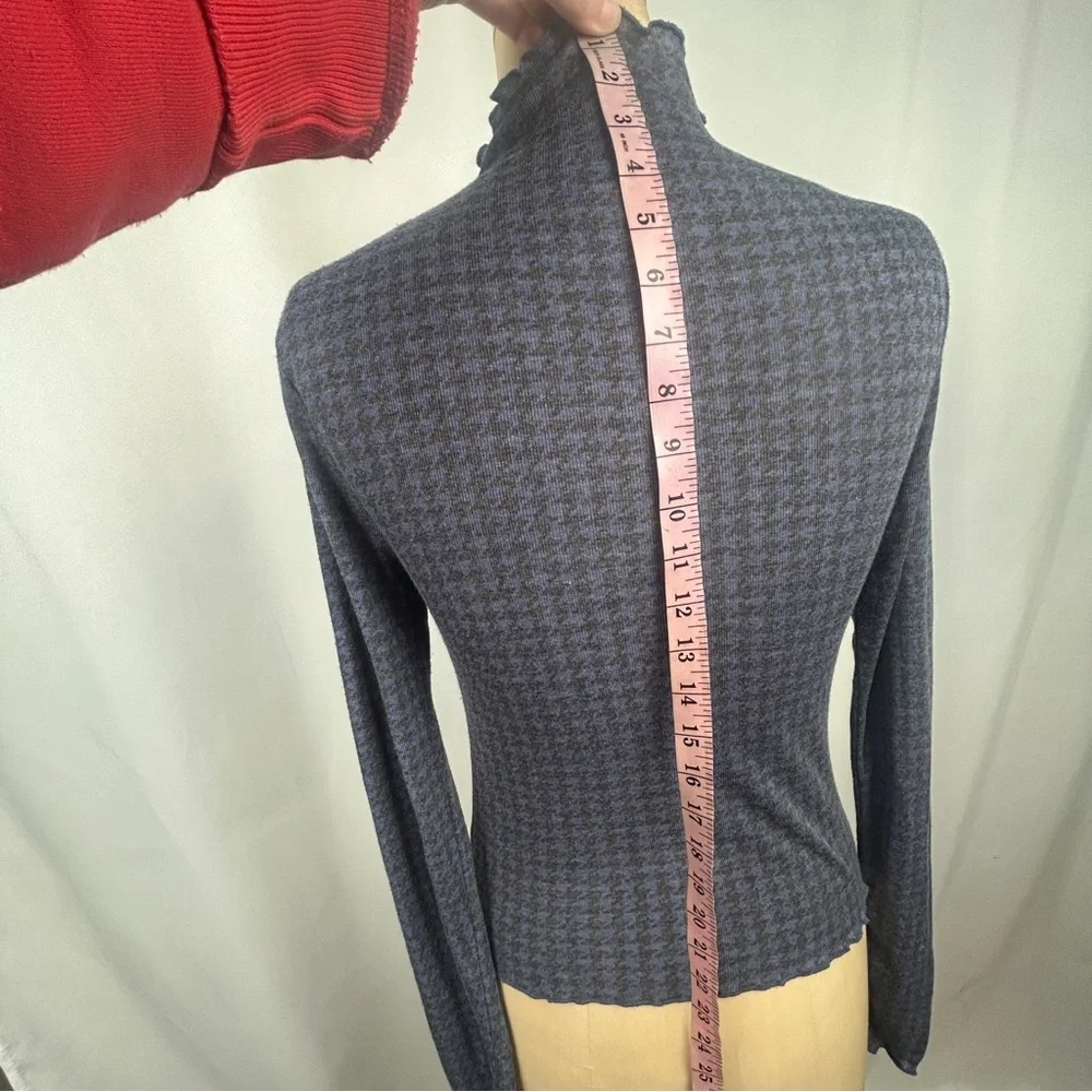 Free People Little Crush Ruched Long Sleeve Houndstooth Print Tee Blue Black Med